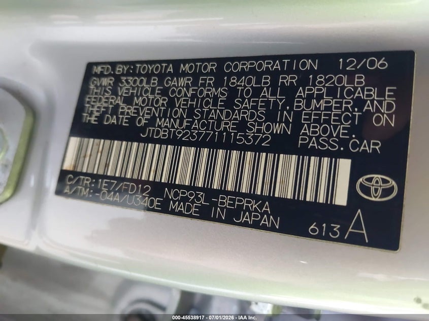 2007 Toyota Yaris VIN JTDBT923771115372 IAAI salvage auction — NORMAL WEAR, Clear (Illinois), sold $350 on 2026-07-29 (photo 9)