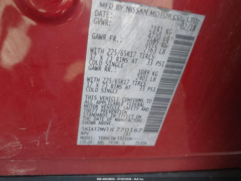2018 Nissan Rogue VIN 5N1AT2MV3JC770167 IAAI salvage auction — FRONT END, Salvage Title, sold $1,400 on 2026-08-03 (photo 9)