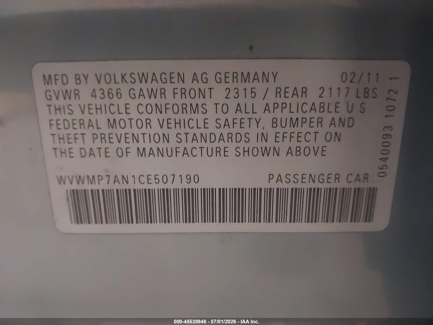 2012 Volkswagen VIN WVWMP7AN1CE507190 IAAI salvage auction — NORMAL WEAR, Clear (Minnesota), sold $450 on 2026-07-08 (photo 9)