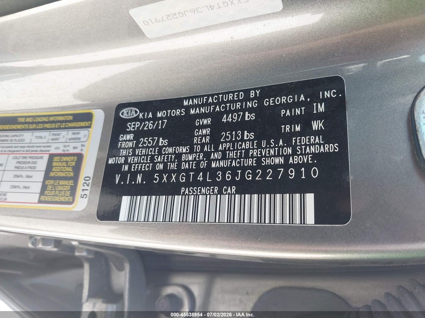 2018 Kia Optima VIN 5XXGT4L36JG227910 IAAI salvage auction — SIDE, Salvage Title, sold $1,700 on 2026-07-29 (photo 9)