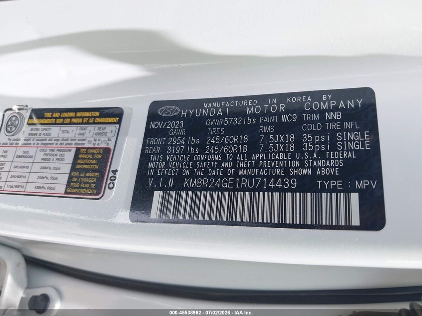 2024 Hyundai Palisade VIN KM8R24GE1RU714439 IAAI salvage auction — FRONT END, Enterprise Vehicles Clear Only (Texas), sold $11,950 on 2026-07-16 (photo 9)