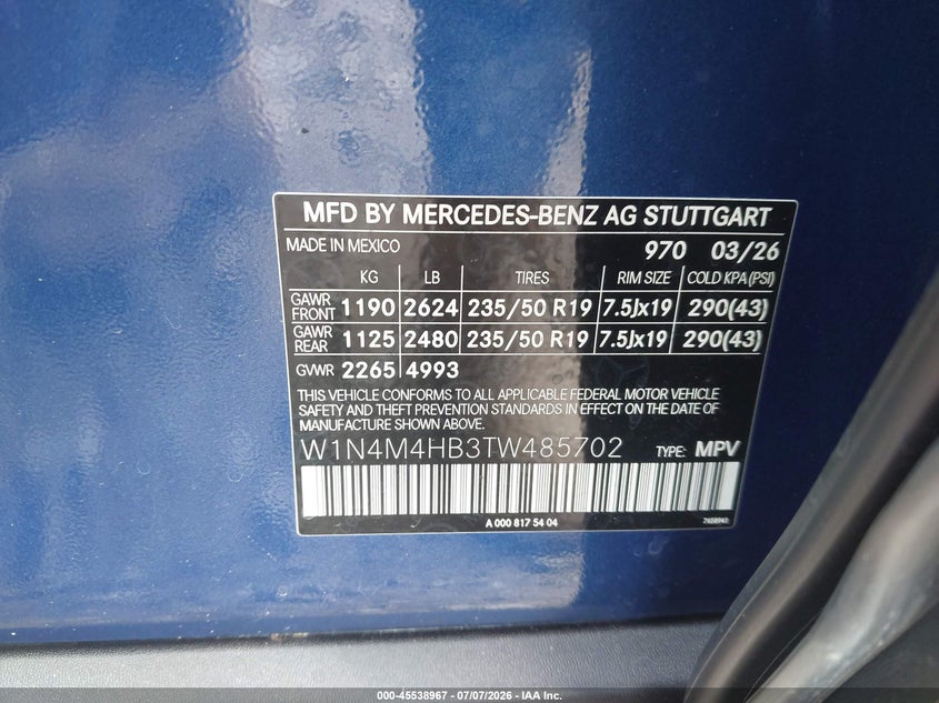 2026 Mercedes-benz Glb VIN W1N4M4HB3TW485702 IAAI salvage auction — LEFT FRONT, Salvage Title, sold $9,300 on 2026-08-25 (photo 9)