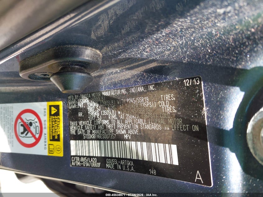 2014 Toyota Highlander VIN 5TDDKRFH6ES007357 IAAI salvage auction — NORMAL WEAR, Clear (Illinois), sold $6,600 on 2026-07-21 (photo 9)