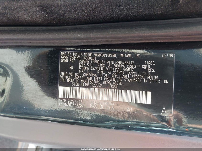 2006 Toyota Tundra VIN 5TBDT44196S523602 IAAI salvage auction — NORMAL WEAR, Original (Maine), sold $500 on 2026-07-27 (photo 9)