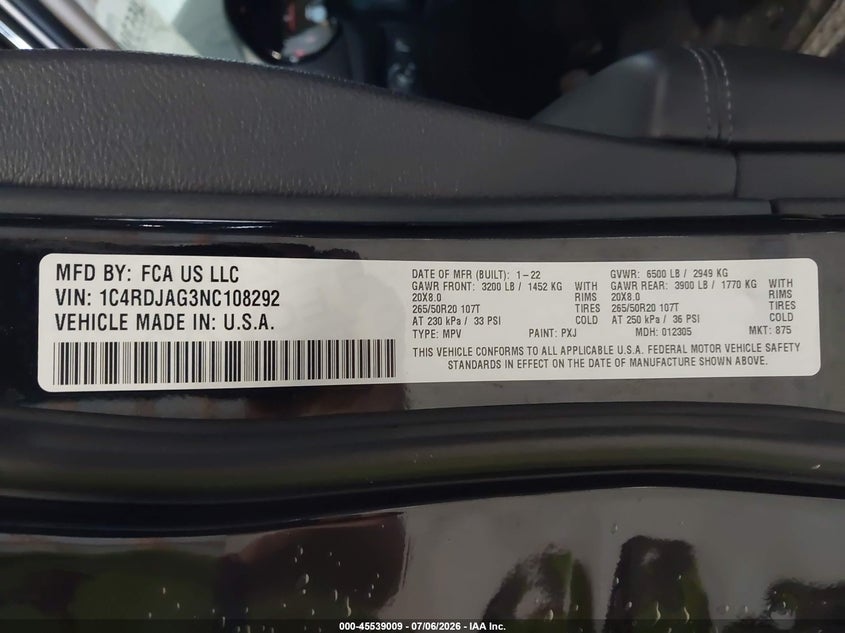 2022 Dodge Durango VIN 1C4RDJAG3NC108292 IAAI salvage auction — FRONT END, Salvage (Pennsylvania), sold $7,000 on 2026-07-29 (photo 9)