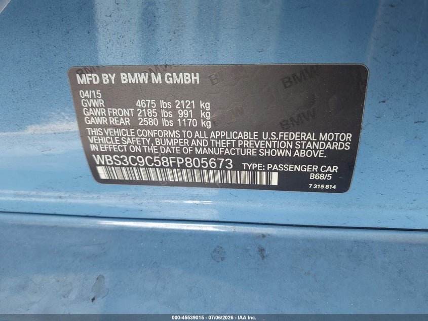 2015 BMW M3 VIN WBS3C9C58FP805673 IAAI salvage auction — FRONT END, Rebuildable (Florida), sold $16,600 on 2026-07-24 (photo 9)