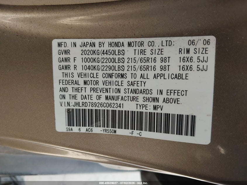 2006 Honda Cr-v VIN JHLRD78926C062341 IAAI salvage auction — NORMAL WEAR, Original (Texas), sold $1,250 on 2026-07-21 (photo 9)