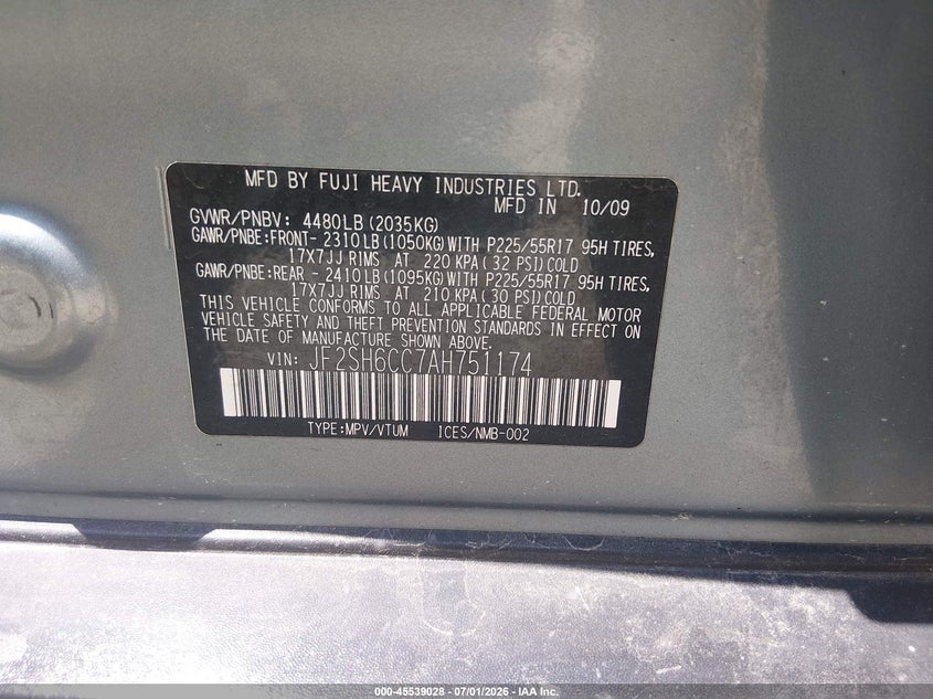 2010 Subaru Forester VIN JF2SH6CC7AH751174 IAAI salvage auction — NORMAL WEAR, Clear (Missouri), sold $325 on 2026-07-28 (photo 9)