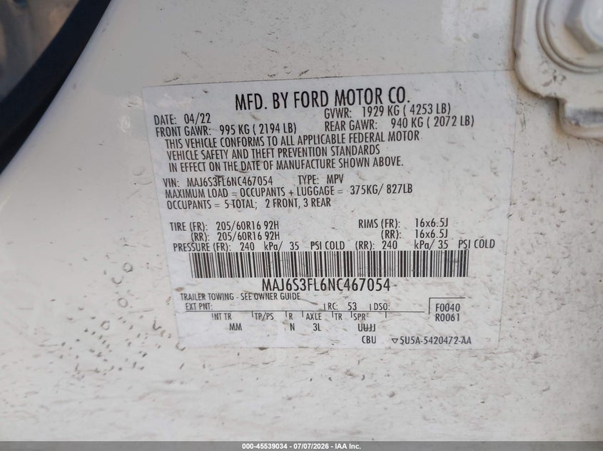 2022 Ford Ecosport VIN MAJ6S3FL6NC467054 IAAI salvage auction — FRONT END, Enterprise Vehicles Clear Only (Texas), sold $25 on 2026-07-29 (photo 9)