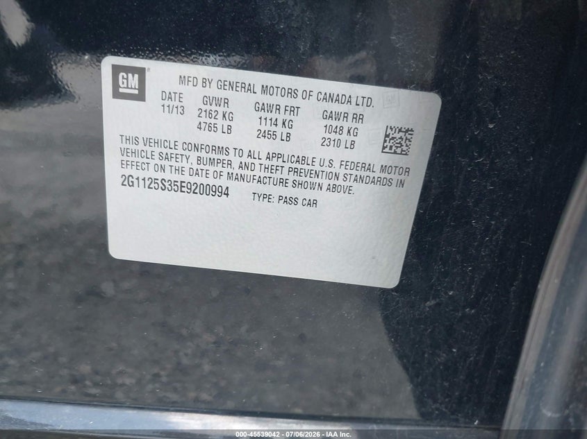 2014 Chevrolet Impala VIN 2G1125S35E9200994 IAAI salvage auction — NORMAL WEAR, Original (Ohio), sold $425 on 2026-07-21 (photo 9)