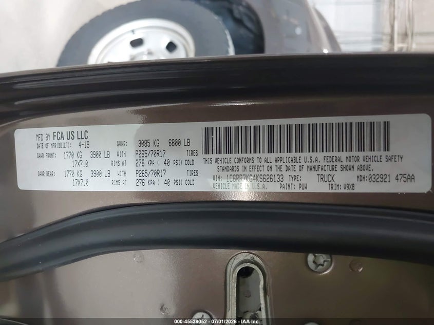 2019 Ram 1500 VIN 1C6RR7KG4KS626133 IAAI salvage auction — ALL OVER, SF97 (New Hampshire), sold $9,450 on 2026-07-31 (photo 9)