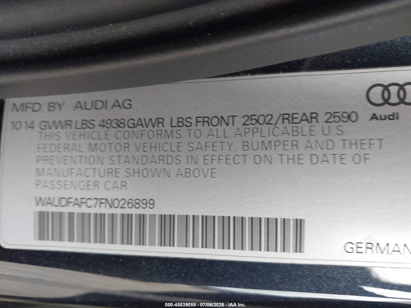 2015 Audi A6 VIN WAUDFAFC7FN026899 IAAI salvage auction — LEFT FRONT, Rebuildable (Florida), sold $2,450 on 2026-07-28 (photo 9)