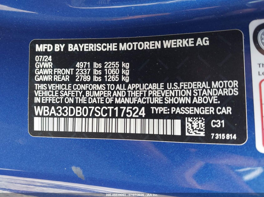 2025 BMW 4er VIN WBA33DB07SCT17524 IAAI salvage auction — SIDE, Salvage Title, sold $24,500 on 2026-08-24 (photo 9)
