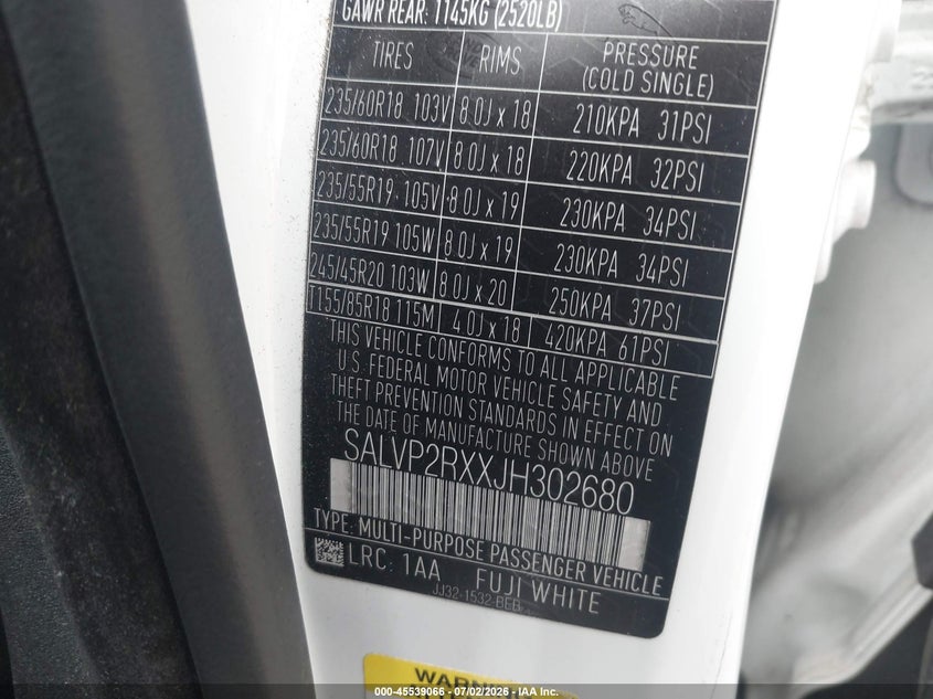 2018 Land rover Range rover evoque VIN SALVP2RXXJH302680 IAAI salvage auction — NORMAL WEAR, App For Dup Clear (California), sold $1,050 on 2026-07-28 (photo 9)