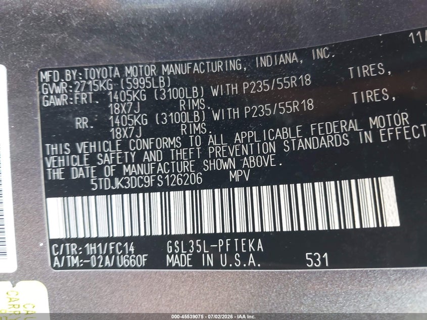 2015 Toyota Sienna VIN 5TDJK3DC9FS126206 IAAI salvage auction — NORMAL WEAR, Clear (Indiana), sold $2,750 on 2026-07-22 (photo 9)