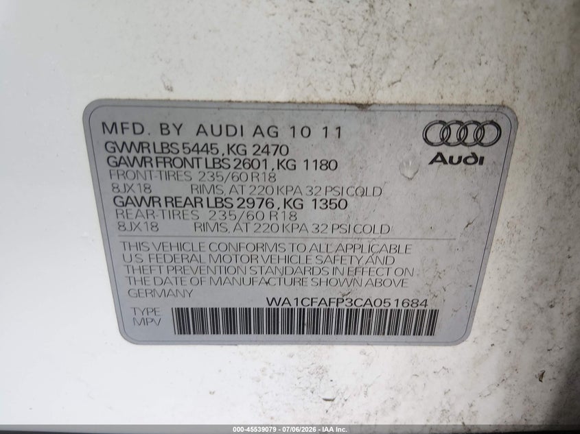 2012 Audi Q5 VIN WA1CFAFP3CA051684 IAAI salvage auction — NORMAL WEAR, Clear (New Jersey), sold $1,025 on 2026-07-13 (photo 9)