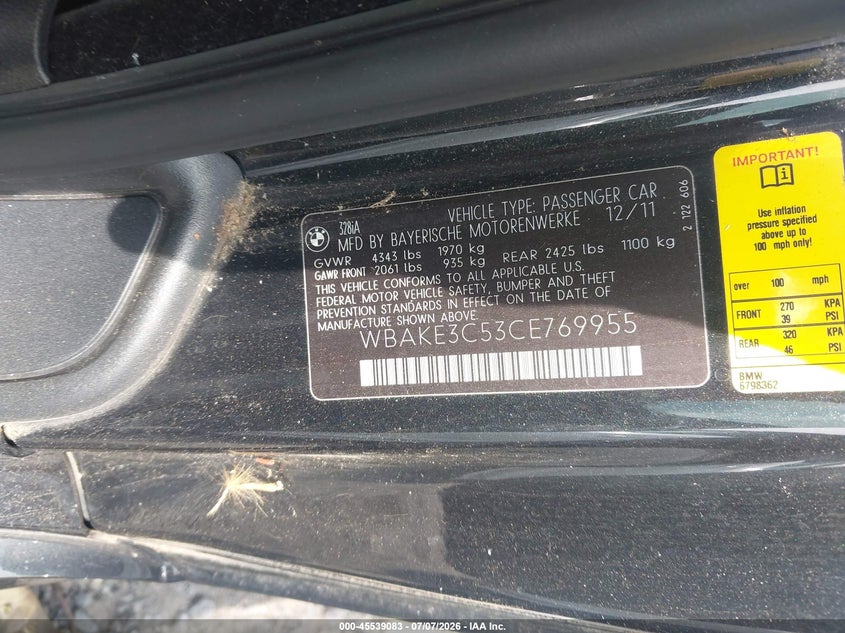 2012 BMW 3 series VIN WBAKE3C53CE769955 IAAI salvage auction — NORMAL WEAR, Clear (Tennessee), sold $1,250 on 2026-07-16 (photo 9)
