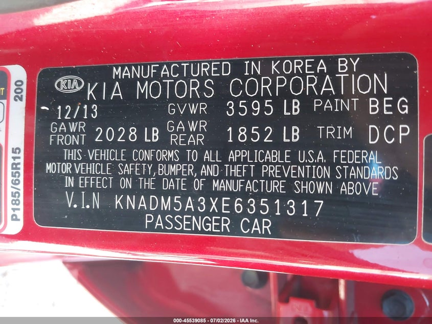 2014 Kia Rio VIN KNADM5A3XE6351317 IAAI salvage auction — LEFT FRONT, Salvage Title, sold $25 on 2026-07-23 (photo 9)