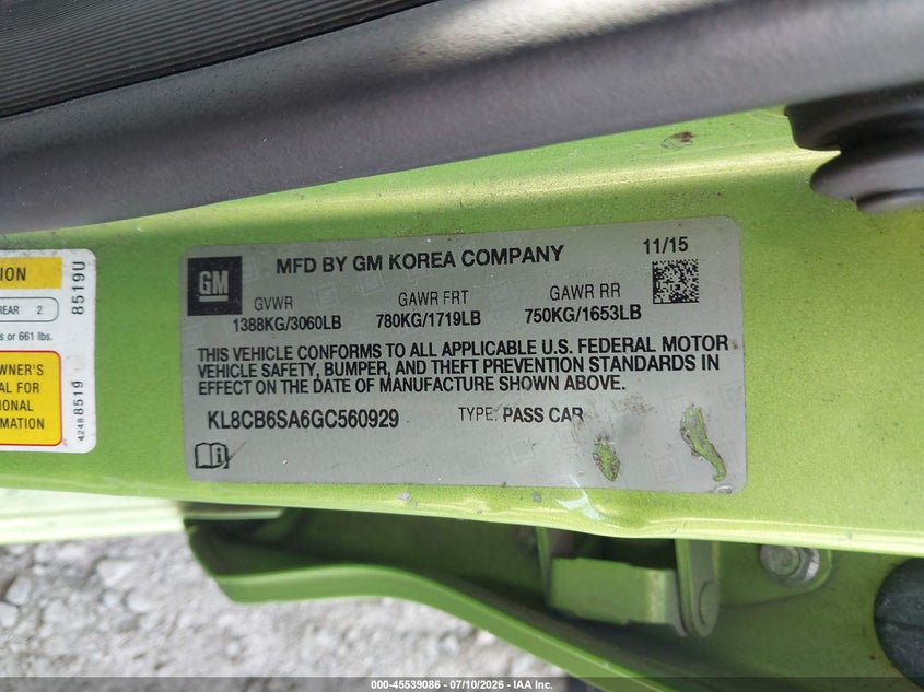 2016 Chevrolet Spark VIN KL8CB6SA6GC560929 IAAI salvage auction — REAR END, Clear (Virginia), sold $600 on 2026-07-31 (photo 9)