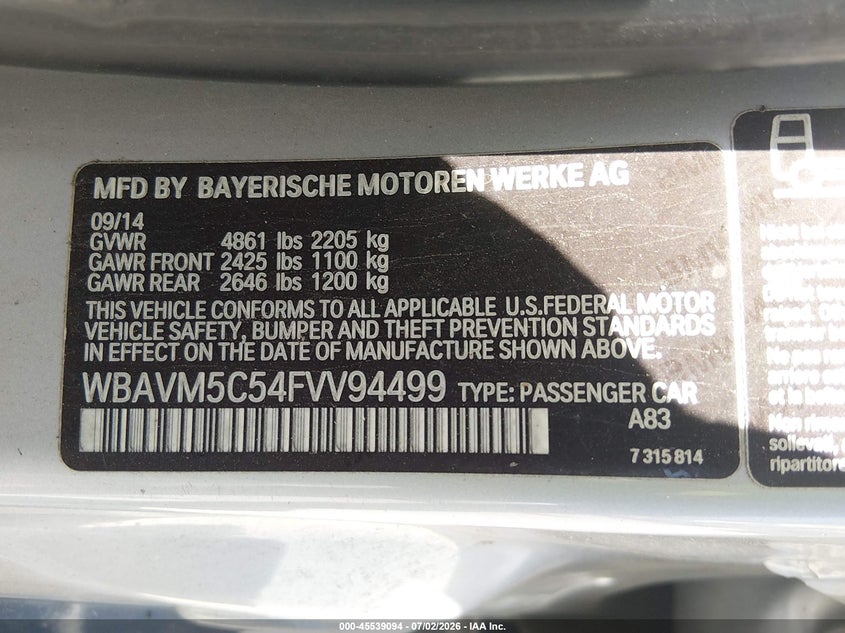 2015 BMW X1 VIN WBAVM5C54FVV94499 IAAI salvage auction — NORMAL WEAR, Original (Texas), sold $1,750 on 2026-08-01 (photo 9)