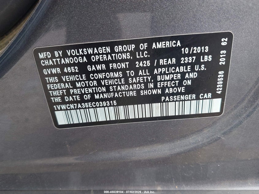 2014 Volkswagen Passat VIN 1VWCN7A35EC039315 IAAI salvage auction — NORMAL WEAR, Original (Texas), sold $650 on 2026-07-27 (photo 9)