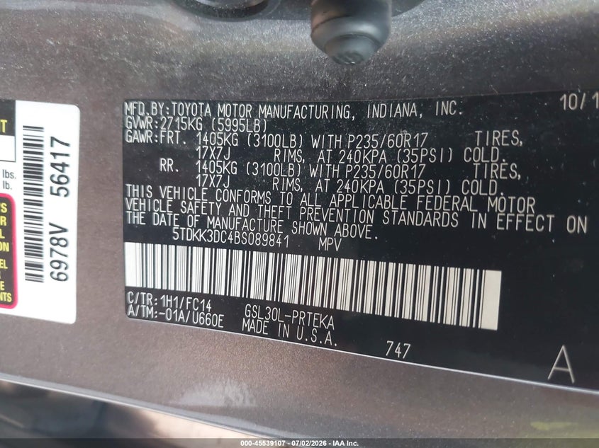 2011 Toyota Sienna VIN 5TDKK3DC4BS089841 IAAI salvage auction — NORMAL WEAR, Clear (Indiana), sold $1,100 on 2026-07-15 (photo 9)