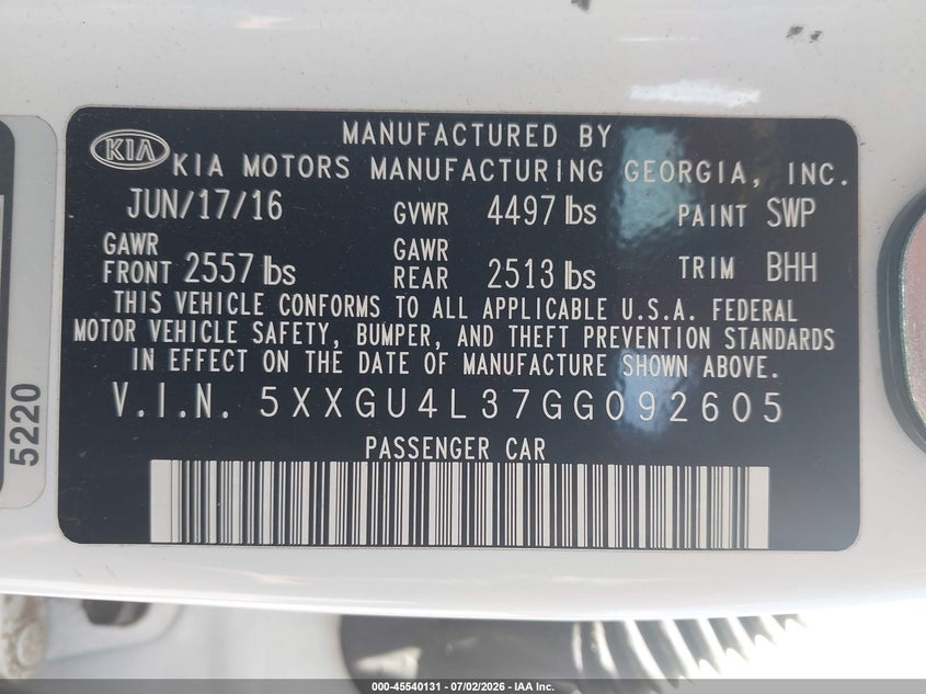 2016 Kia Optima VIN 5XXGU4L37GG092605 IAAI salvage auction — NORMAL WEAR, Clear (Illinois), sold $2,700 on 2026-07-06 (photo 9)