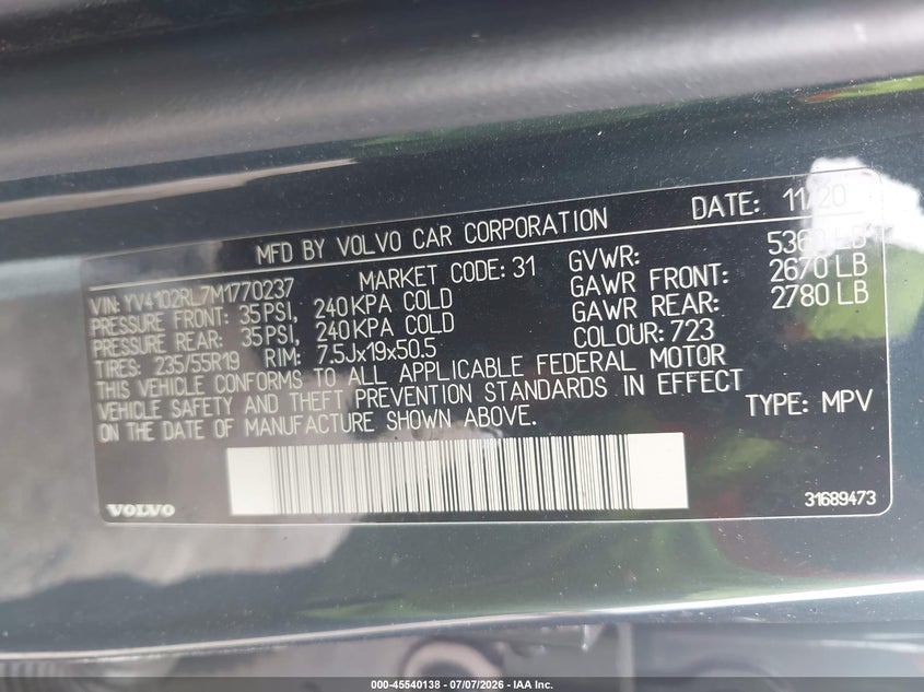 2021 Volvo Xc60 VIN YV4102RL7M1770237 IAAI salvage auction — LEFT SIDE, Salvage (Pennsylvania), sold $4,450 on 2026-07-24 (photo 9)