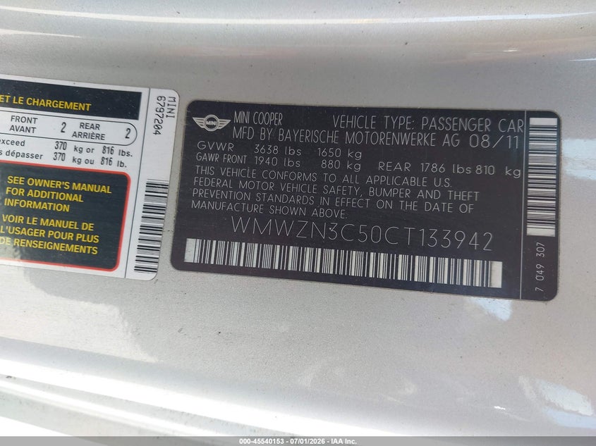 2012 Mini Cooper VIN WMWZN3C50CT133942 IAAI salvage auction — FRONT END, Salvage Title, sold $50 on 2026-07-30 (photo 9)