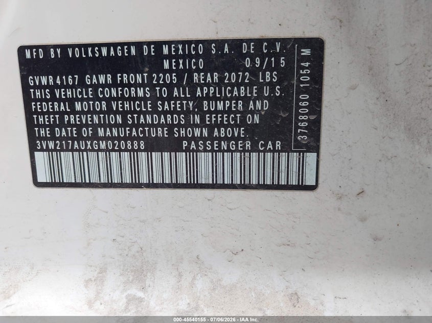 2016 Volkswagen Golf VIN 3VW217AUXGM020888 IAAI salvage auction — REAR END, Salvage Title, sold $1,100 on 2026-07-30 (photo 9)