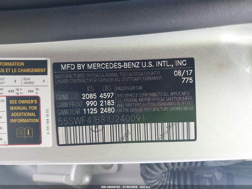2018 Mercedes-benz C-klasse VIN 55SWF4JB8JU240091 IAAI salvage auction — FRONT END, Salvage (Louisiana), sold $8,625 on 2026-08-19 (photo 9)