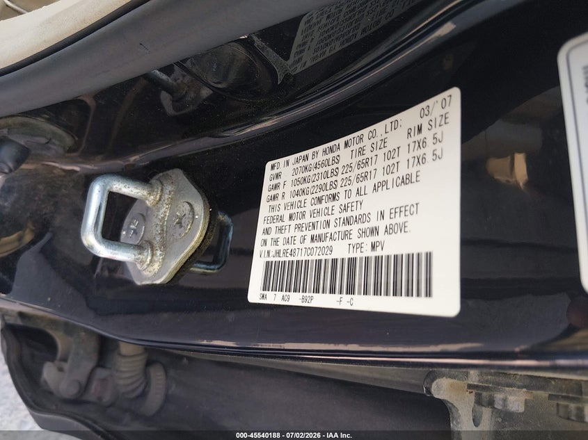 2007 Honda Cr-v VIN JHLRE48717C072029 IAAI salvage auction — NORMAL WEAR, Original (Ohio), sold $1,500 on 2026-07-28 (photo 9)