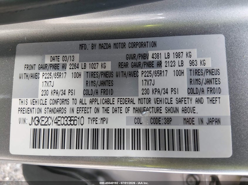 2014 Mazda Cx-5 VIN JM3KE2CY4E0335610 IAAI salvage auction — RIGHT FRONT, Clear (Texas), sold $2,250 on 2026-07-30 (photo 9)