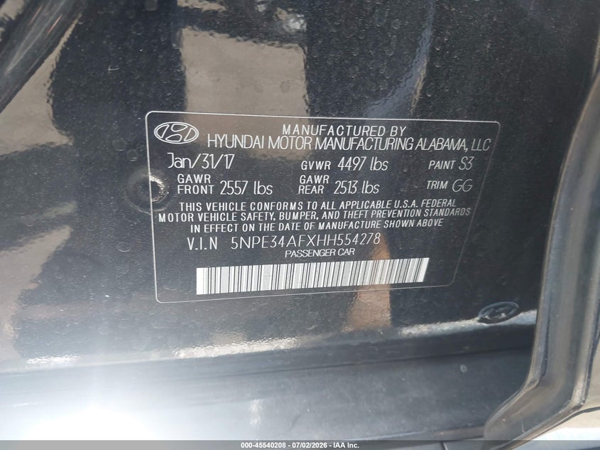 2017 Hyundai Sonata VIN 5NPE34AFXHH554278 IAAI salvage auction — SIDE, Salvage Certificate (California), sold $2,550 on 2026-07-31 (photo 9)