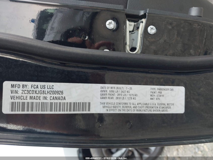 2020 Dodge Charger VIN 2C3CDXJG8LH200926 IAAI salvage auction — SIDE, Junk Bill Of Sale Mv2459 (Wisconsin), sold $3,600 on 2026-07-26 (photo 9)