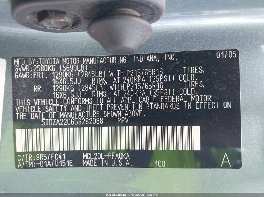 2005 Toyota Sienna VIN 5TDZA22C65S282088 IAAI salvage auction — NORMAL WEAR, Clear (Maryland), sold $775 on 2026-07-30 (photo 9)