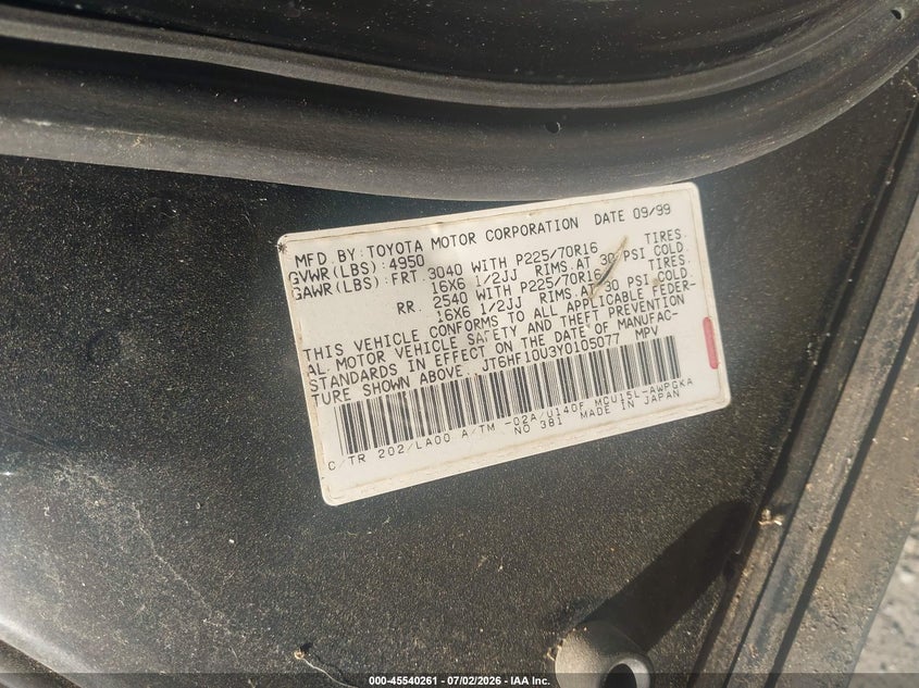 2000 Lexus Rx 300 VIN JT6HF10U3Y0105077 IAAI salvage auction — NORMAL WEAR, Clear (District Of Columbia), sold $875 on 2026-07-28 (photo 9)