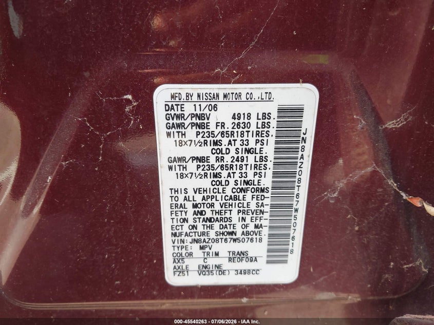 2007 Nissan Murano VIN JN8AZ08T67W507618 IAAI salvage auction — NORMAL WEAR, Clear (Mississippi), sold $375 on 2026-07-30 (photo 9)