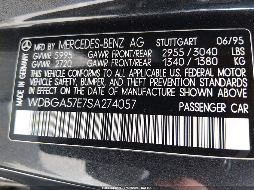 1995 Mercedes-benz S class VIN WDBGA57E7SA274057 IAAI salvage auction — NORMAL WEAR, Clear - Dealer Only (California), sold $9,600 on 2026-07-09 (photo 9)
