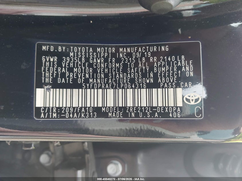 2020 Toyota Corolla VIN 5YFDPRAE7LP064316 IAAI salvage auction — RIGHT SIDE, Salvage (Virginia), sold $2,950 on 2026-07-27 (photo 9)