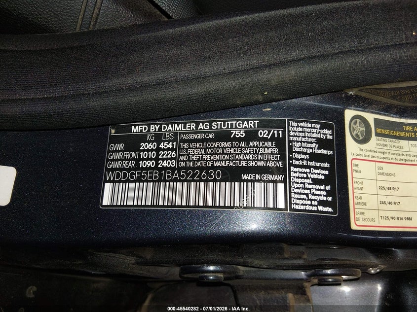 2011 Mercedes-benz C class VIN WDDGF5EB1BA522630 IAAI salvage auction — RIGHT SIDE, Salvage (Arizona), sold $400 on 2026-08-04 (photo 9)