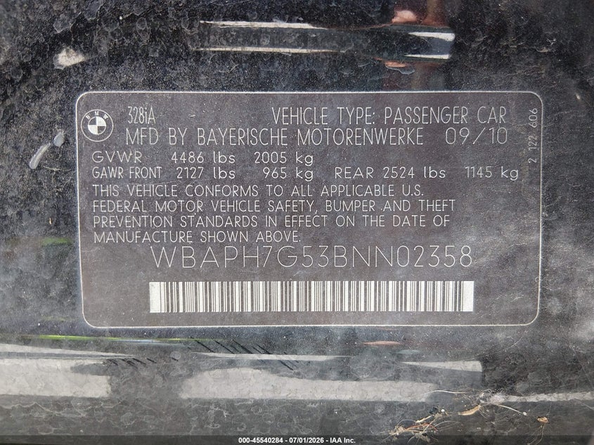 2011 BMW 3 series VIN WBAPH7G53BNN02358 IAAI salvage auction — NORMAL WEAR, Clear - Dealer Only (California), sold $375 on 2026-07-29 (photo 9)