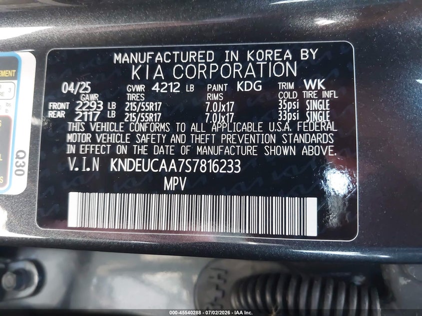 2025 Kia Seltos VIN KNDEUCAA7S7816233 IAAI salvage auction — RIGHT SIDE, Salvage Title, sold $11,900 on 2026-08-21 (photo 9)