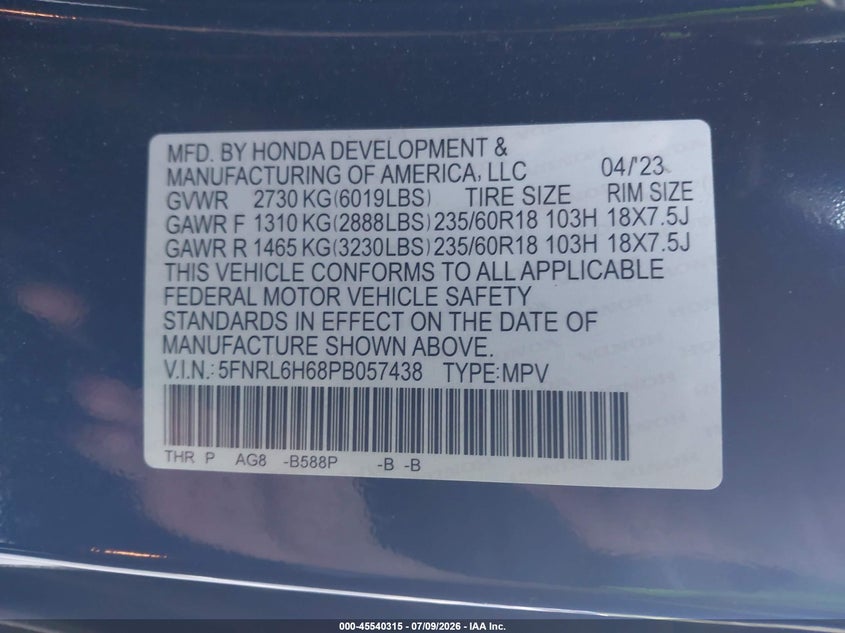2023 Honda Odyssey VIN 5FNRL6H68PB057438 IAAI salvage auction — RIGHT FRONT, Mv-907A (New York), sold $13,050 on 2026-07-30 (photo 9)