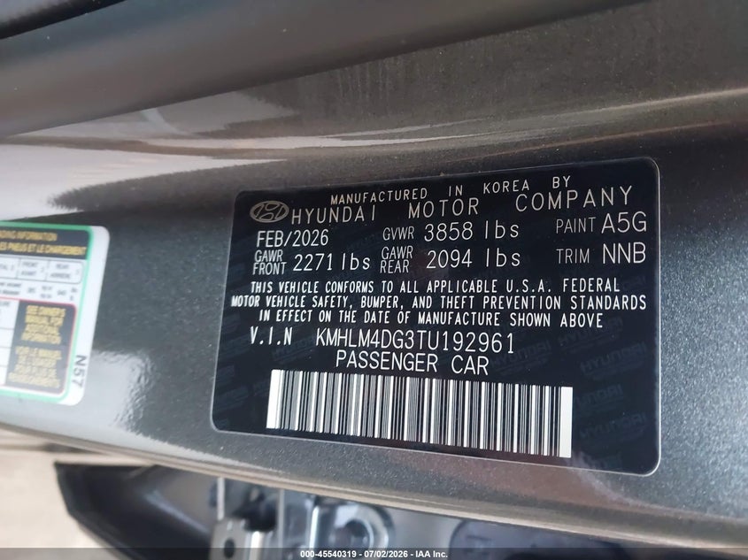 2026 Hyundai Elantra VIN KMHLM4DG3TU192961 IAAI salvage auction — FRONT END, Enterprise Vehicles Clear Only (Virginia), sold $12,300 on 2026-07-08 (photo 9)