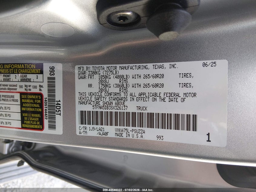 2025 Toyota Tundra VIN 5TFNA5DB3SX326137 IAAI salvage auction — FRONT END, Clear (Arkansas), sold $15,100 on 2026-07-29 (photo 9)