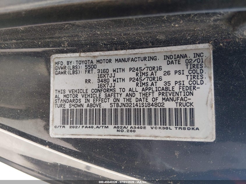 2001 Toyota Tundra VIN 5TBJN32141S184802 IAAI salvage auction — NORMAL WEAR, Clear (New Jersey), sold $2,075 on 2026-07-13 (photo 9)