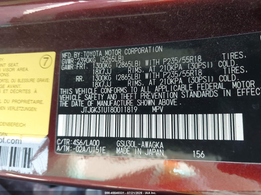 2008 Lexus Rx 350 VIN JTJGK31U180011819 IAAI salvage auction — NORMAL WEAR, Original (Texas), sold $675 on 2026-07-28 (photo 9)