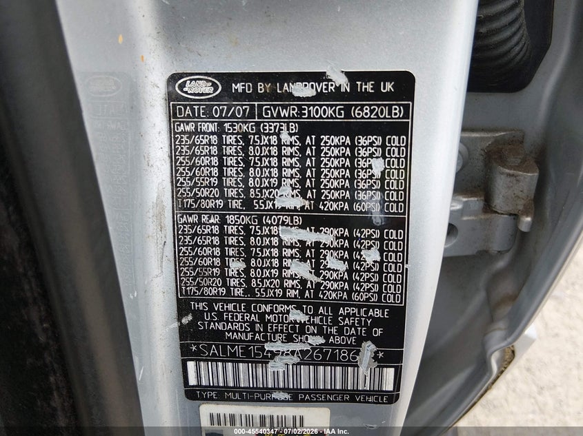 2008 Land rover RANGE ROVER VIN SALME15498A267186 IAAI salvage auction — NORMAL WEAR, Clear (Washington), sold $425 on 2026-07-22 (photo 9)