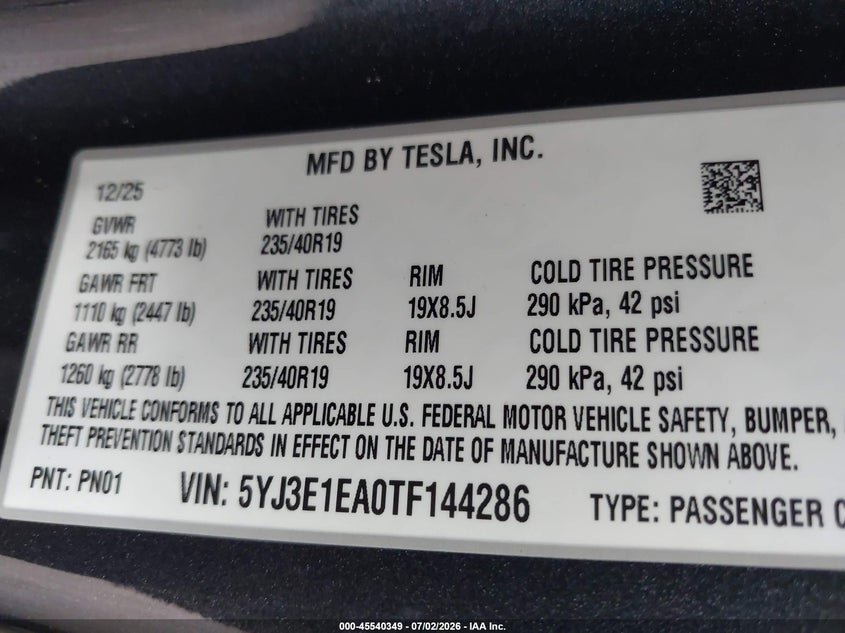 2026 Tesla Model 3 VIN 5YJ3E1EA0TF144286 IAAI salvage auction — SIDE, Rebuildable (Florida), sold $9,100 on 2026-07-30 (photo 9)